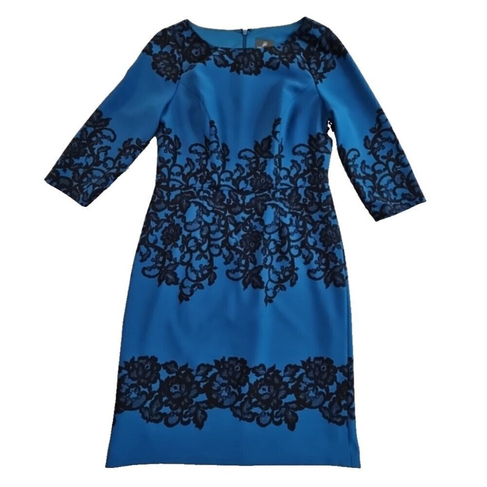 Adrianna Papell Sheath Dress Women's Size 8 Blue Black Floral 3/4 Sleeve EUC AN